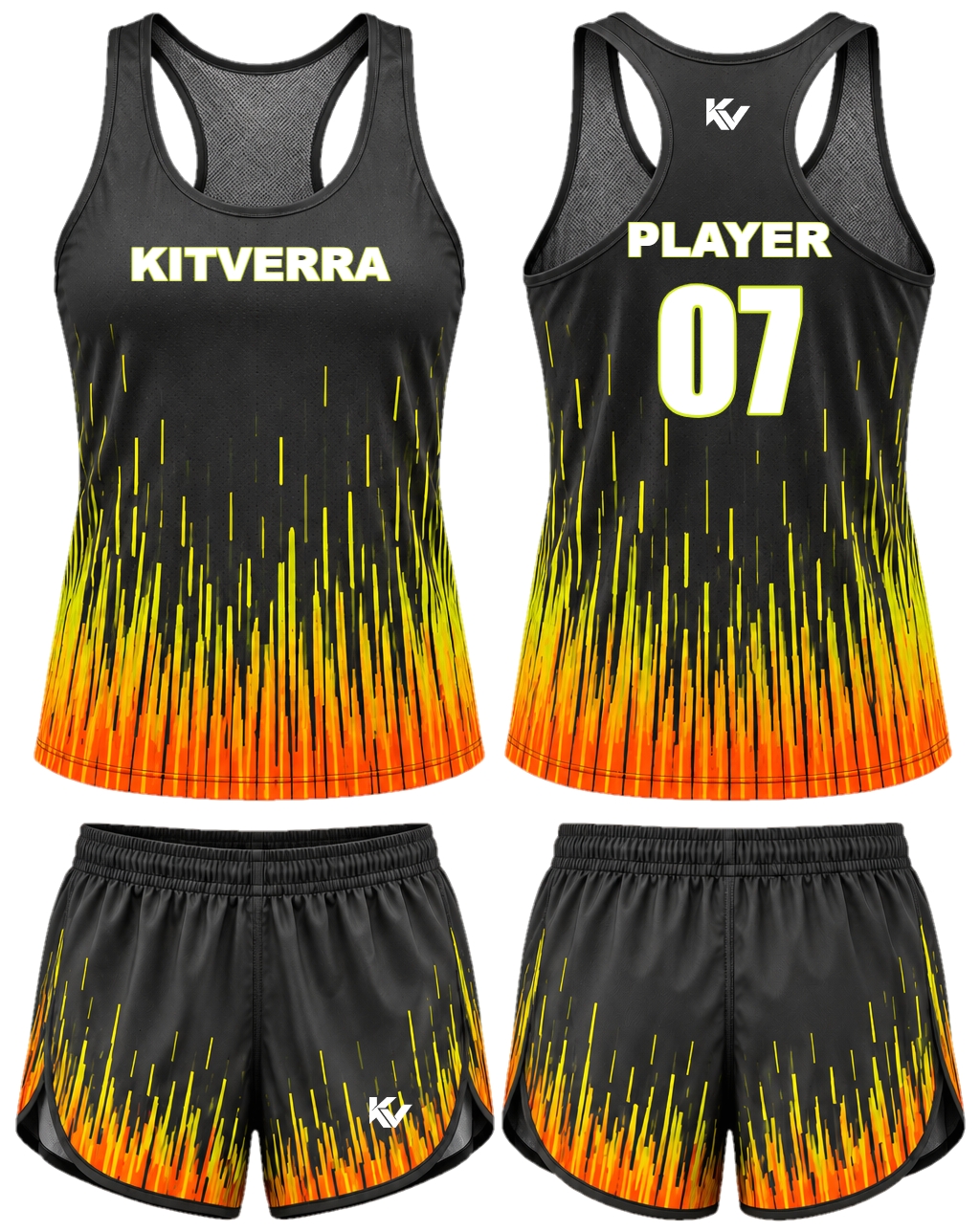 Solar Cadence Race singlet & split shorts, front and back