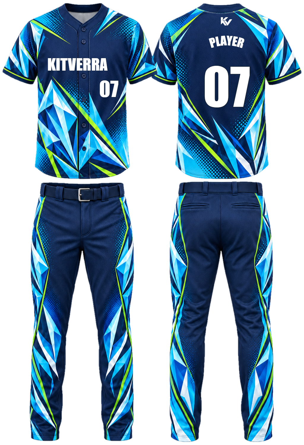 Baseball jersey and full-length pants, front and back