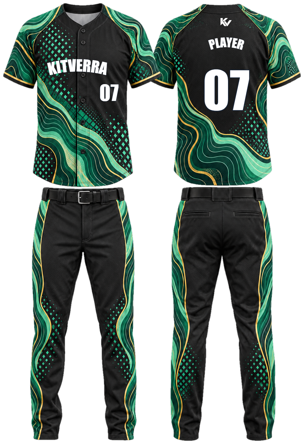 Jade Topography Raglan button & pants, front and back