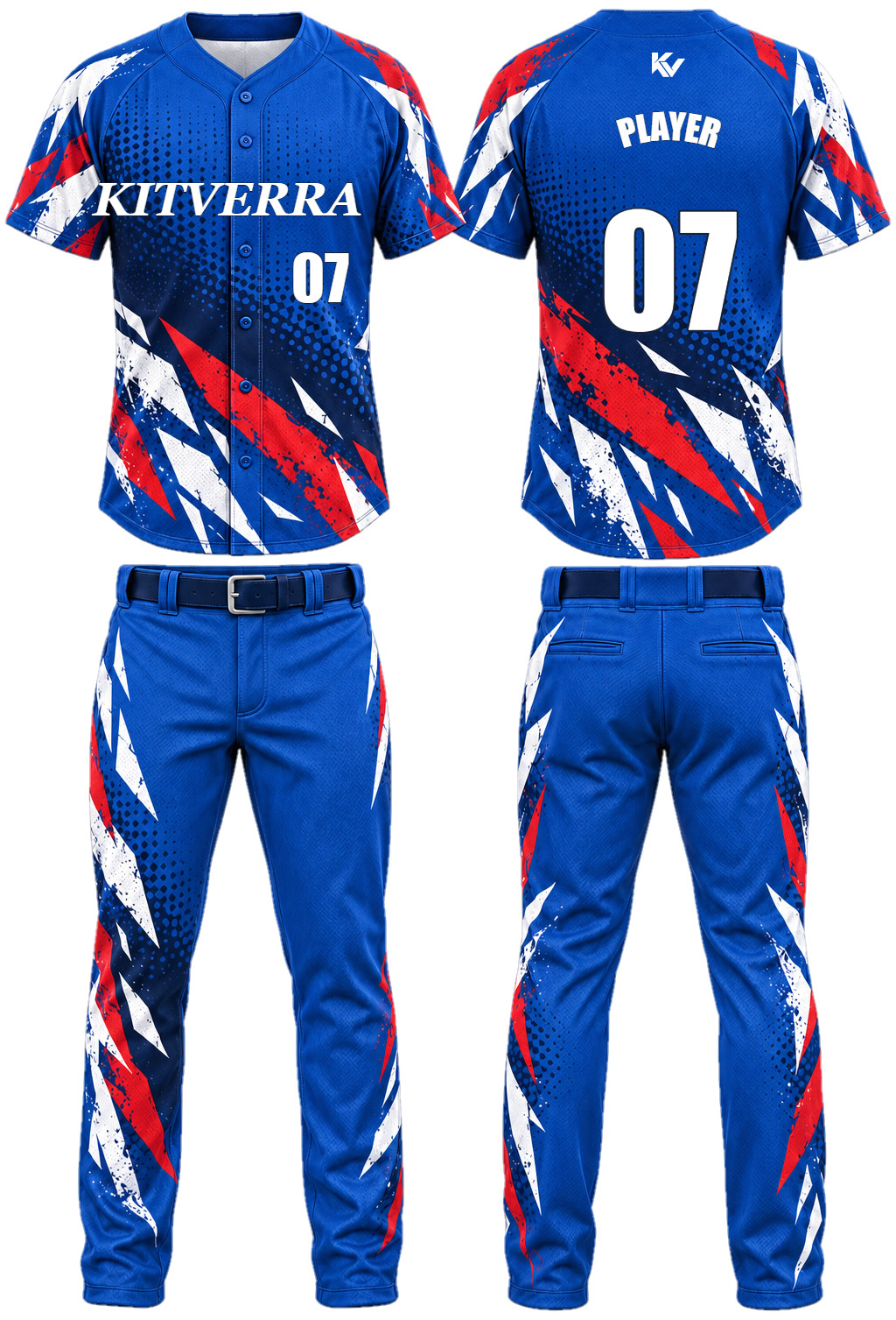 Royal Fragment Raglan button & pants, front and back