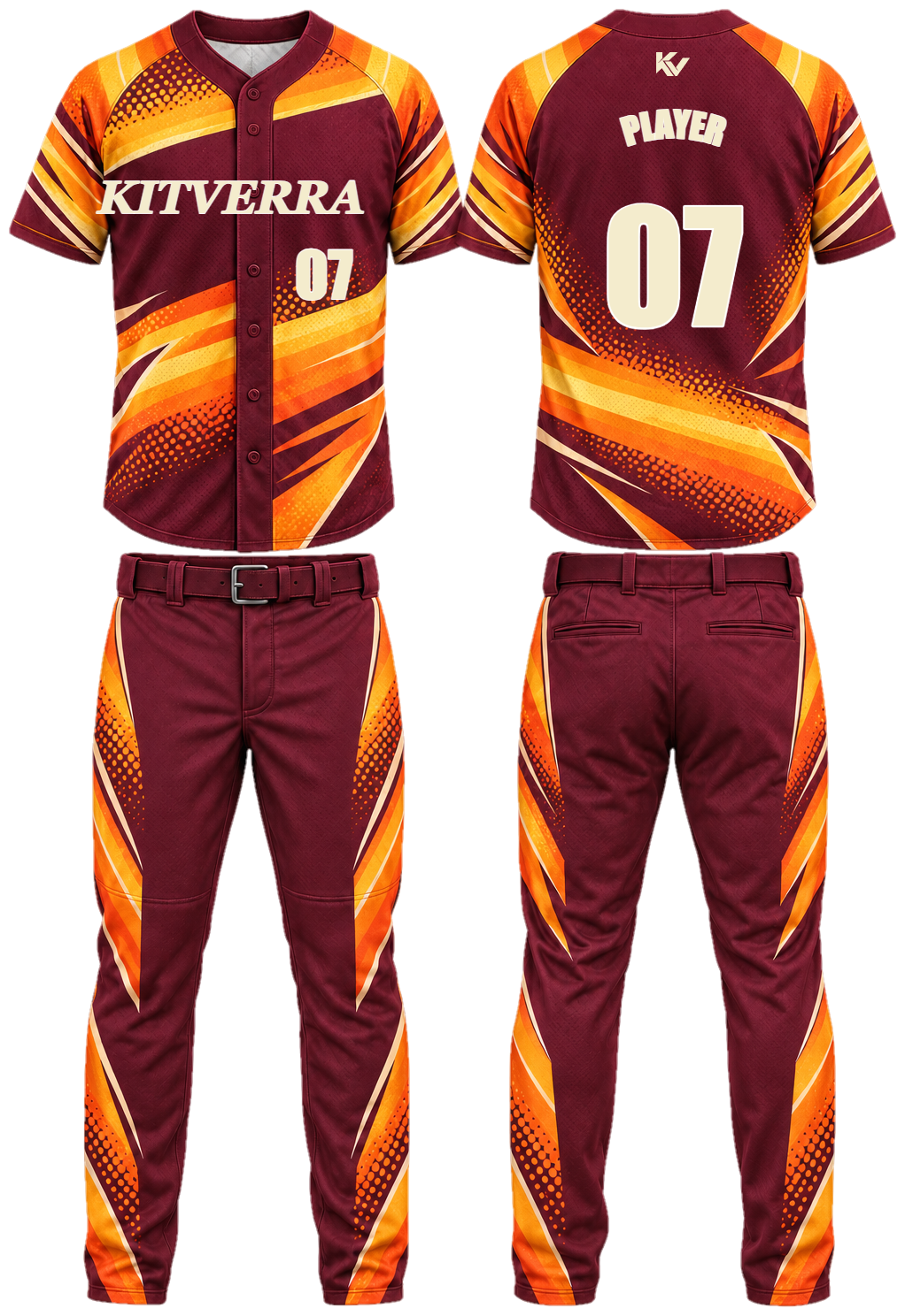 Sunset Velocity Raglan button & pants, front and back
