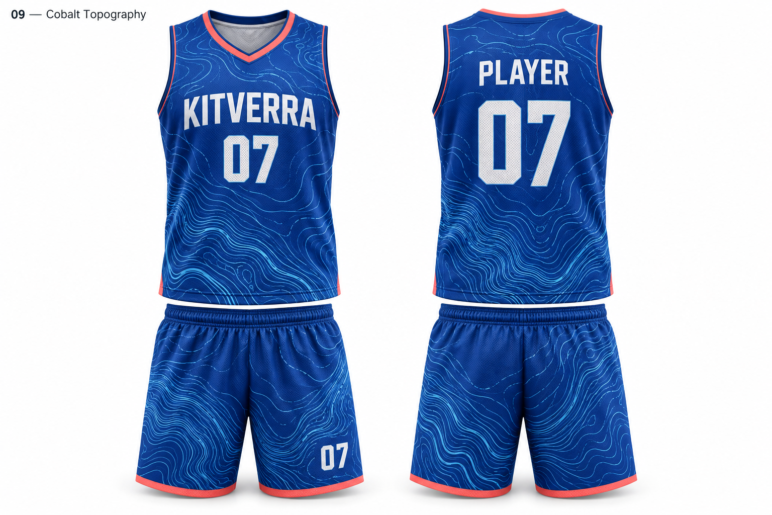 Cobalt Topography basketball jersey and matching shorts, front and back
