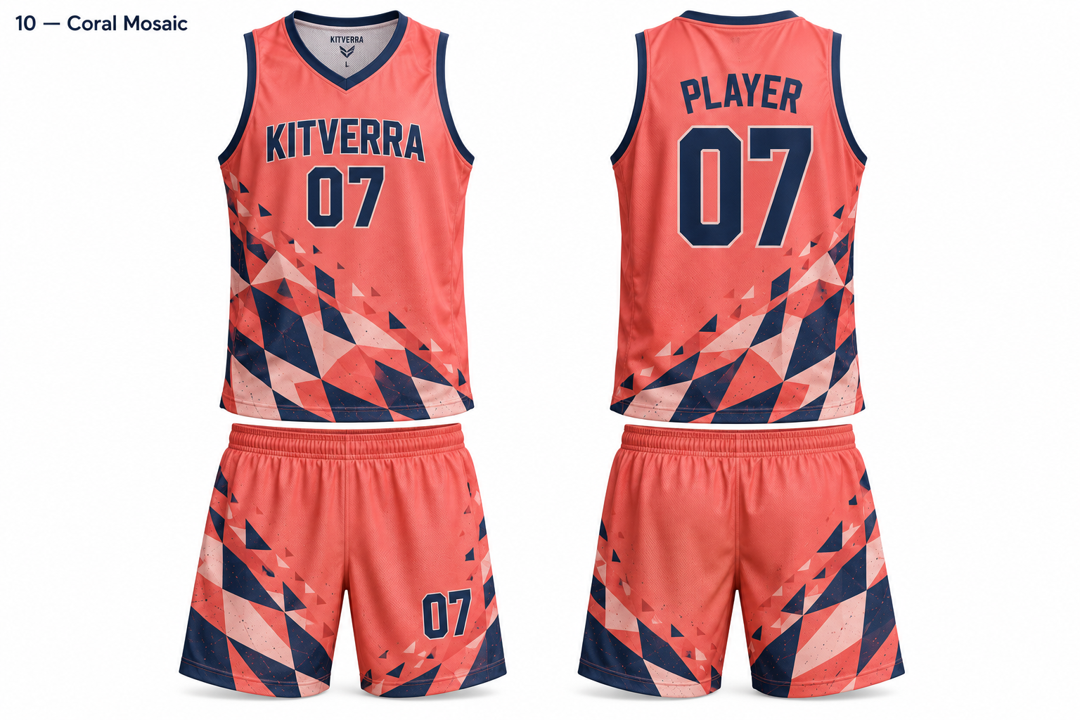Coral Mosaic basketball jersey and matching shorts, front and back