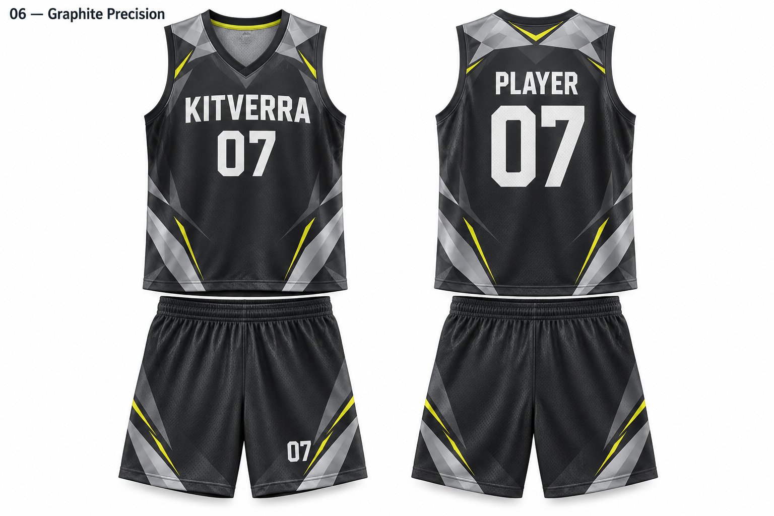 Graphite Precision basketball jersey and matching shorts, front and back