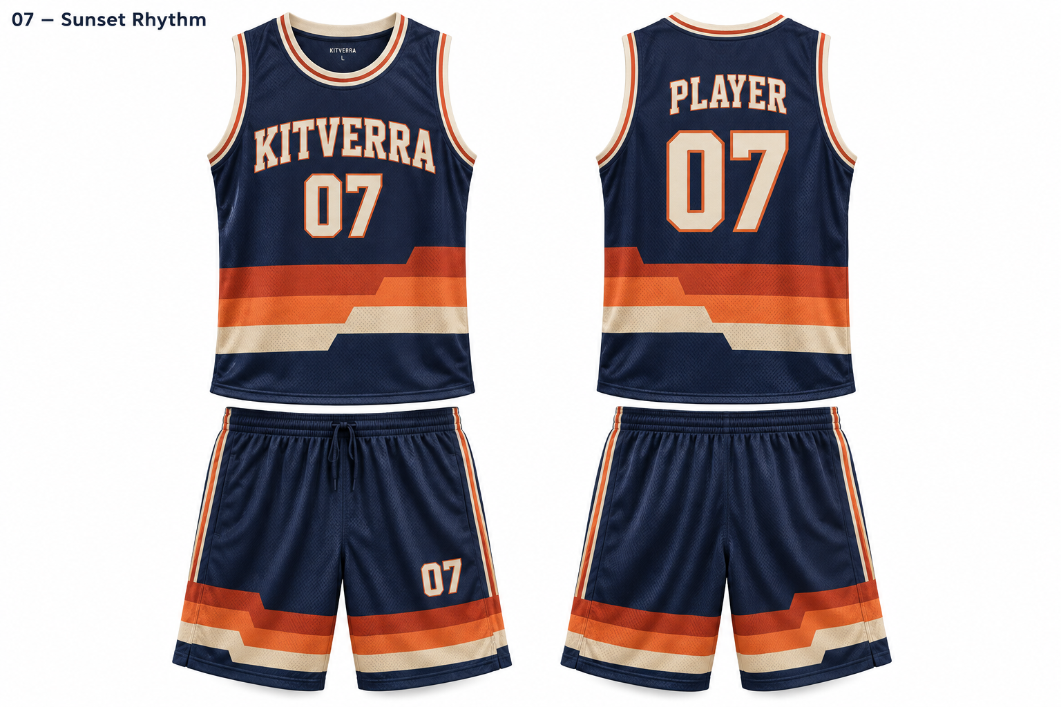 Sunset Rhythm basketball jersey and matching shorts, front and back