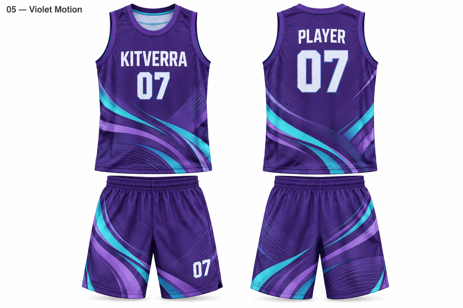 Violet Motion basketball jersey and matching shorts, front and back