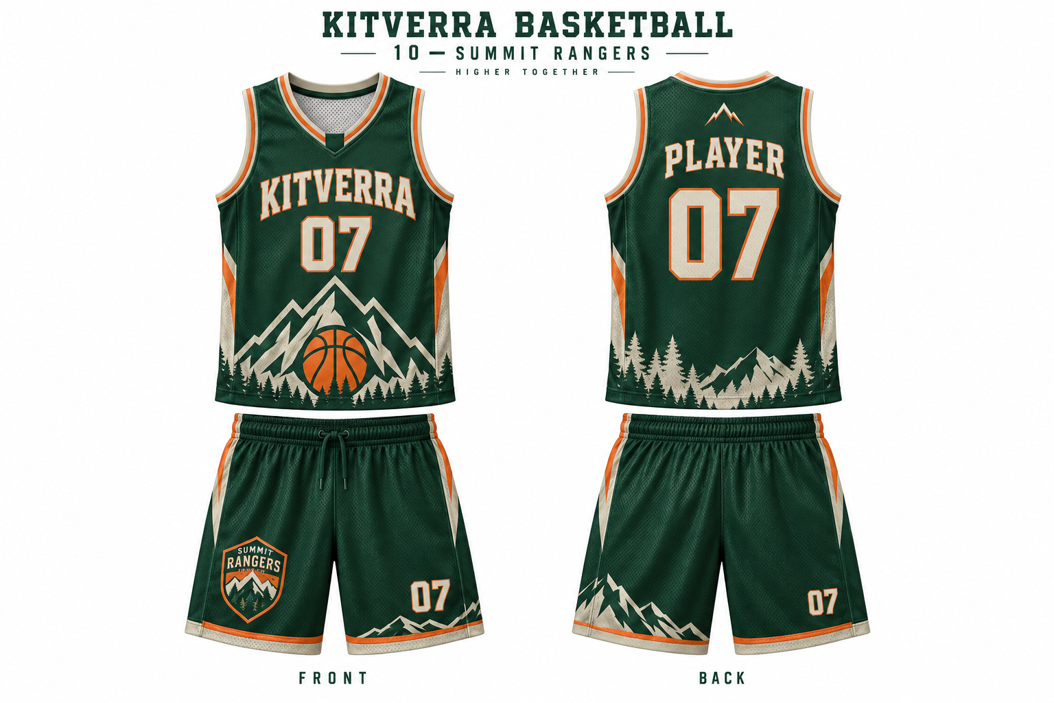 Summit Rangers basketball jersey and matching shorts, front and back