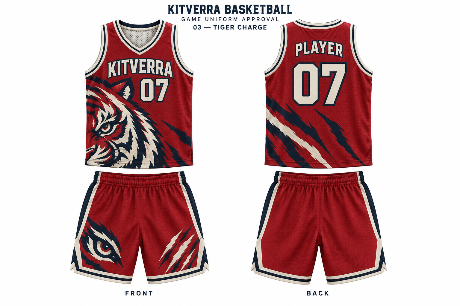 Tiger Charge basketball jersey and matching shorts, front and back