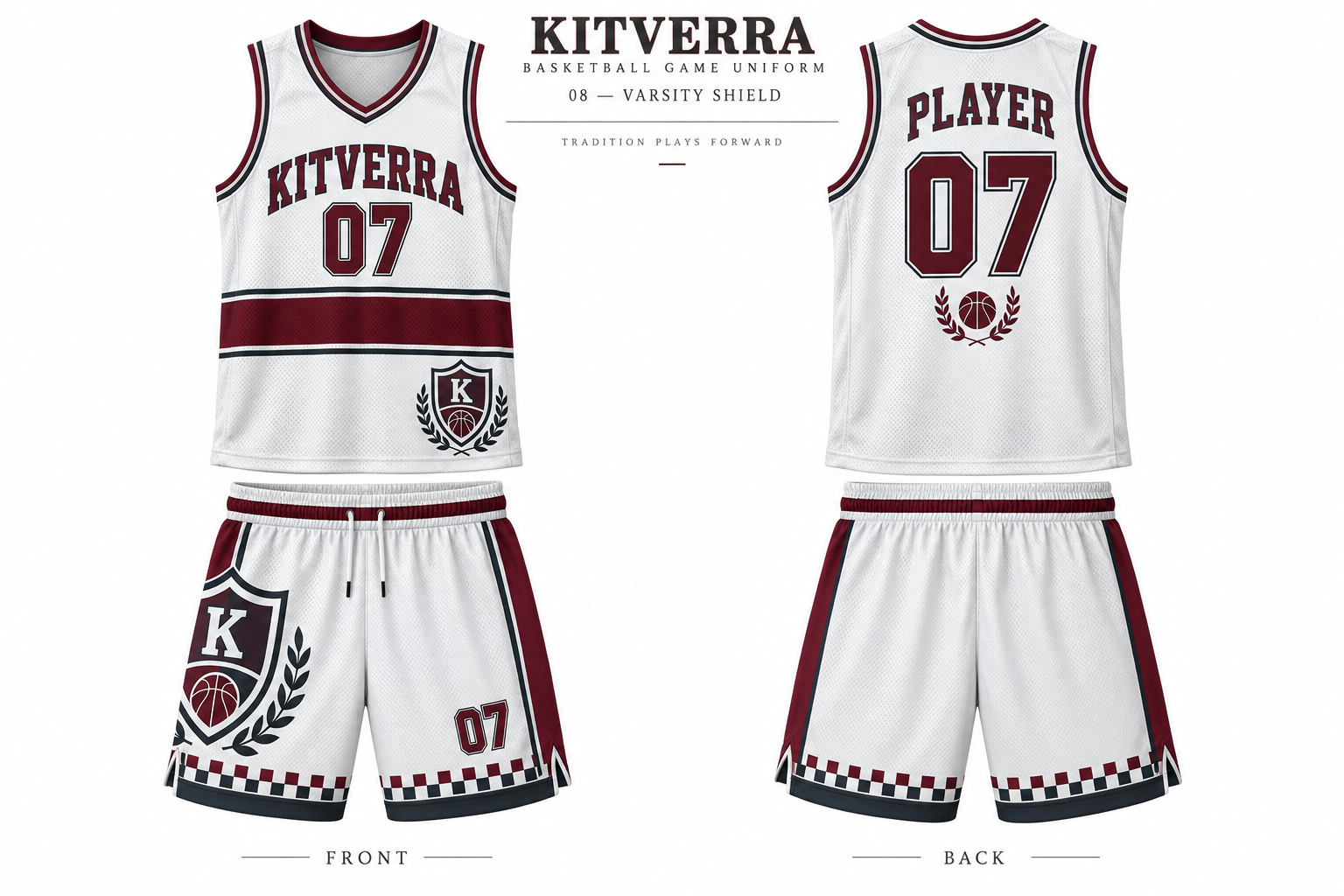 Varsity Shield basketball jersey and matching shorts, front and back