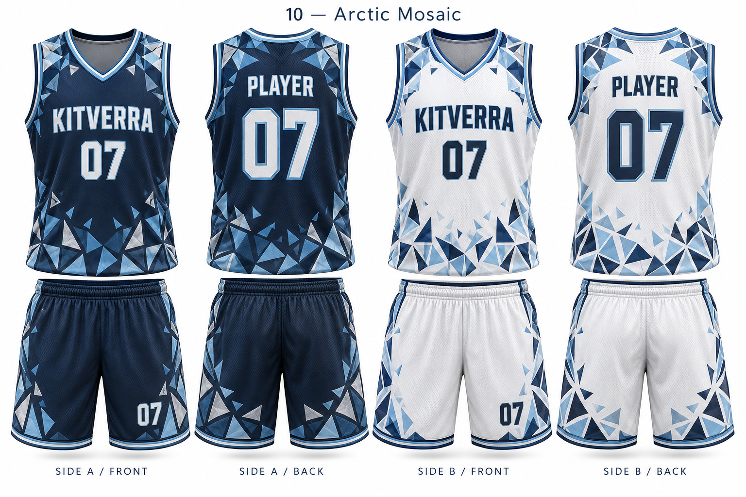 Arctic Mosaic basketball jersey and matching shorts, front and back