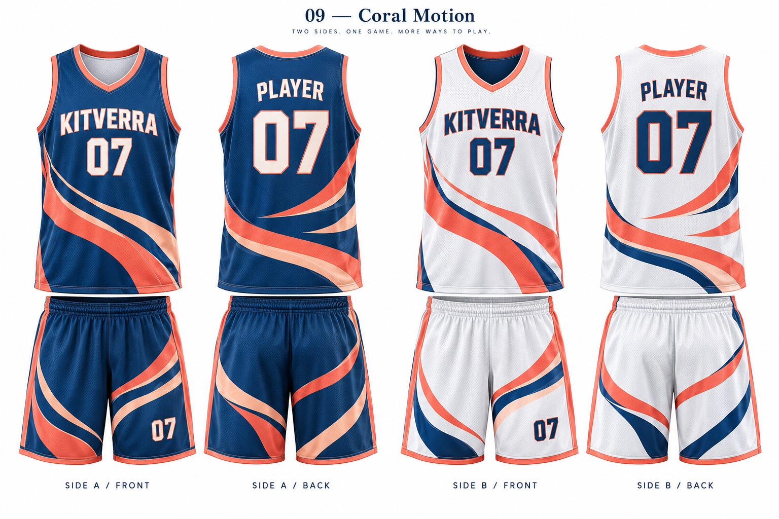 Coral Motion basketball jersey and matching shorts, front and back