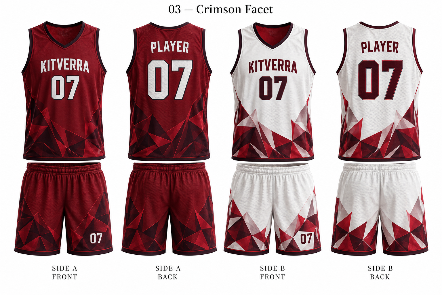 Crimson Facet basketball jersey and matching shorts, front and back