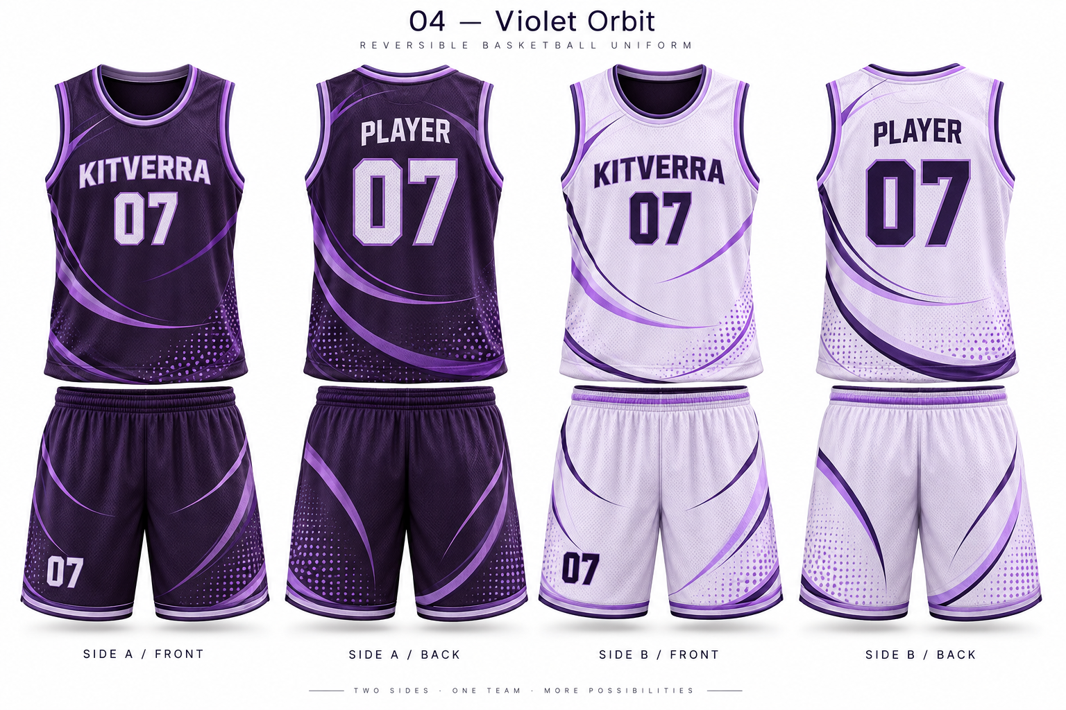 Violet Orbit basketball jersey and matching shorts, front and back