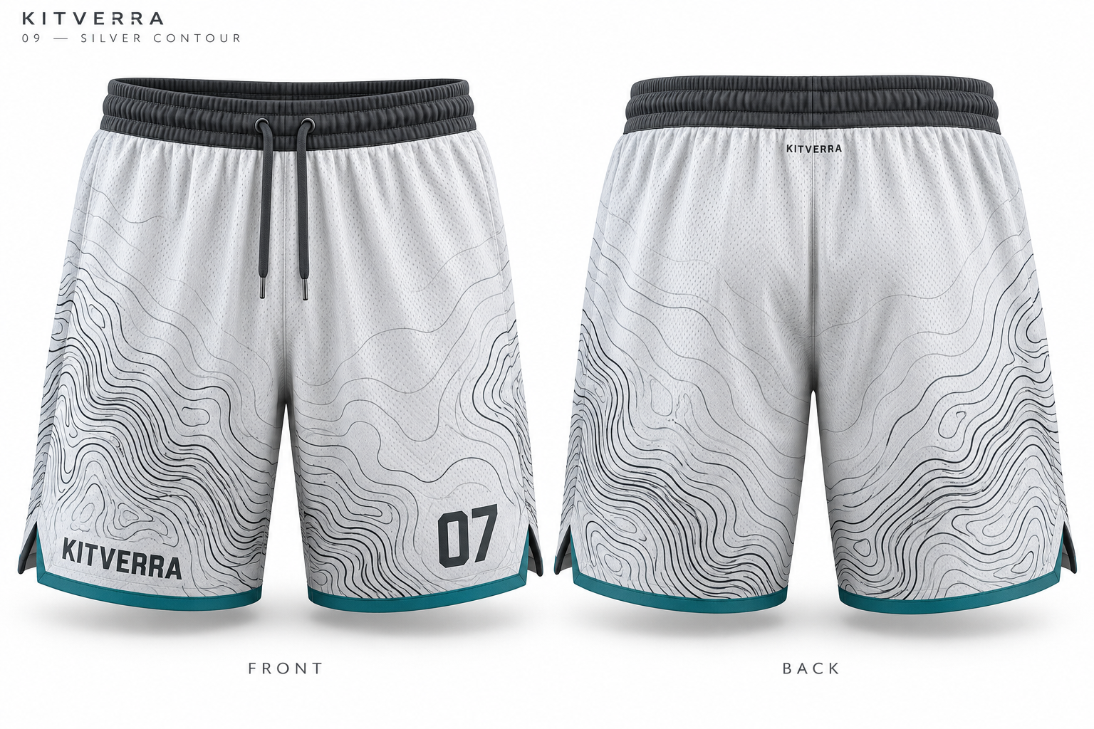 Silver Contour basketball shorts, front and back