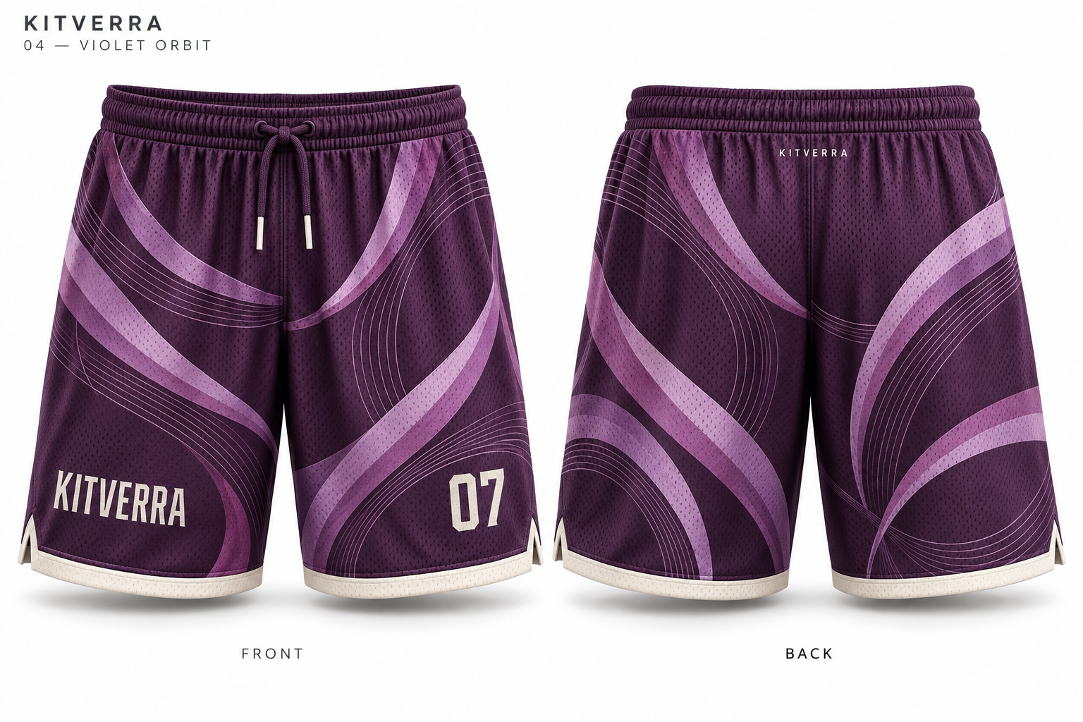 Violet Orbit basketball shorts, front and back