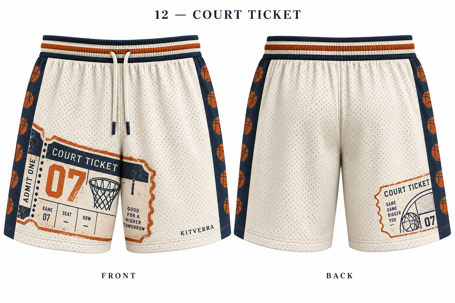 Court Ticket basketball shorts, front and back