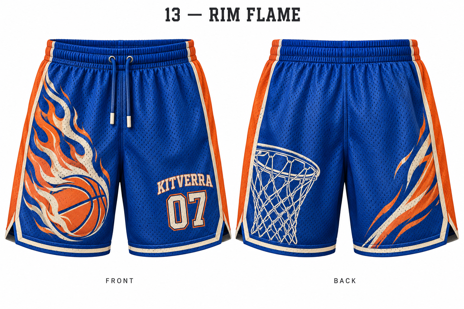 Rim Flame basketball shorts, front and back