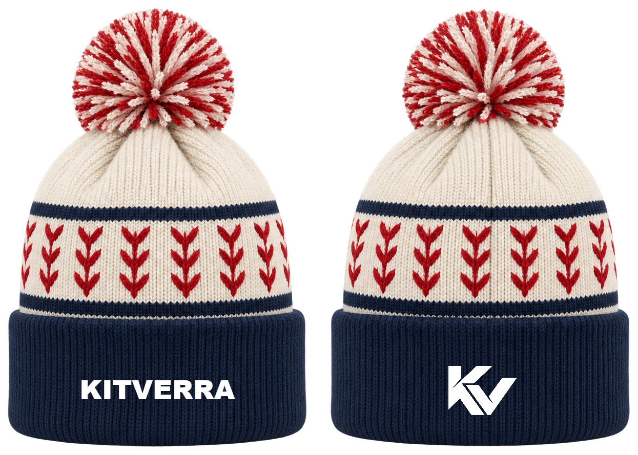 Seam Heritage — Cuffed pom knit; front and back