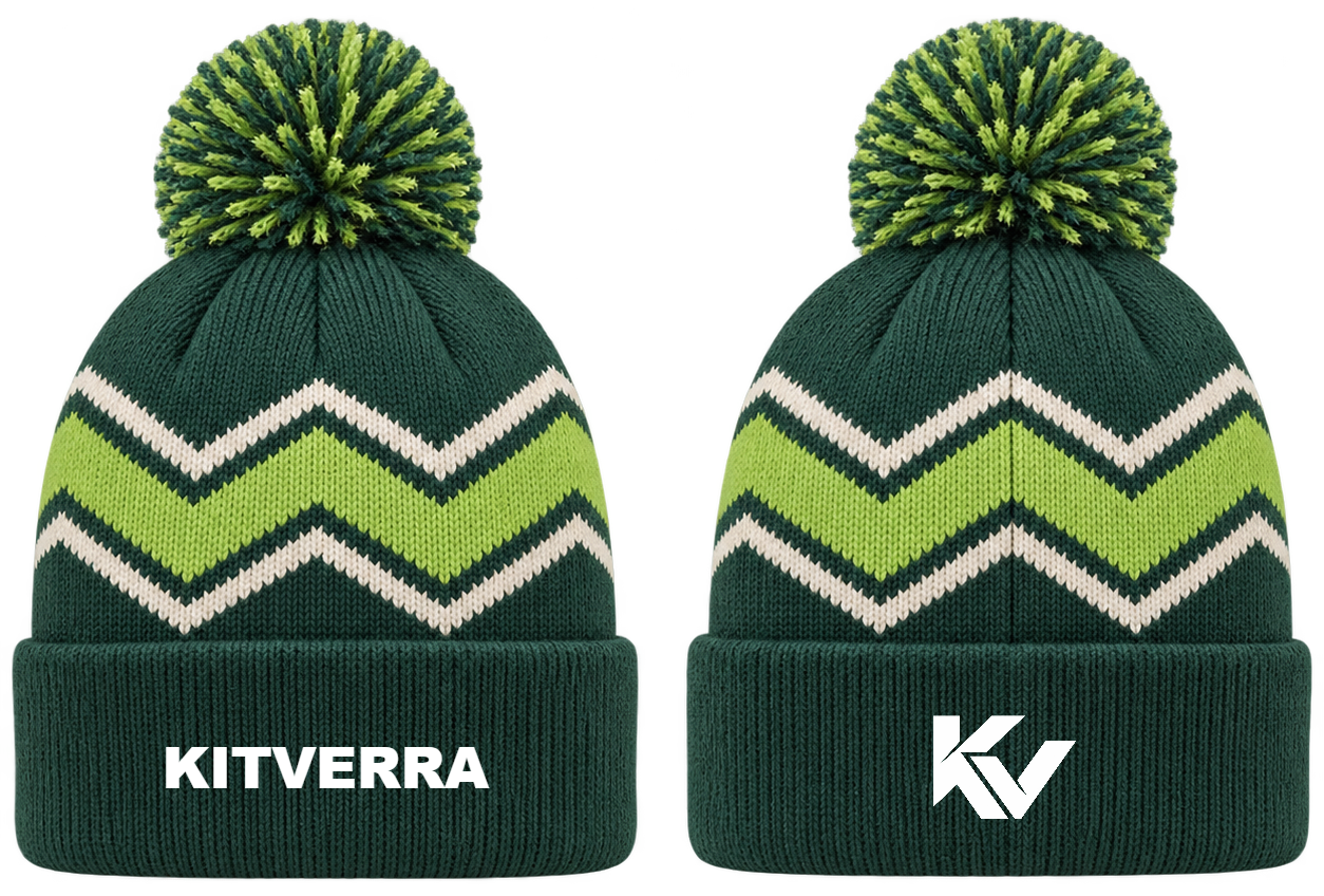 Turf Angles — Cuffed pom knit; front and back