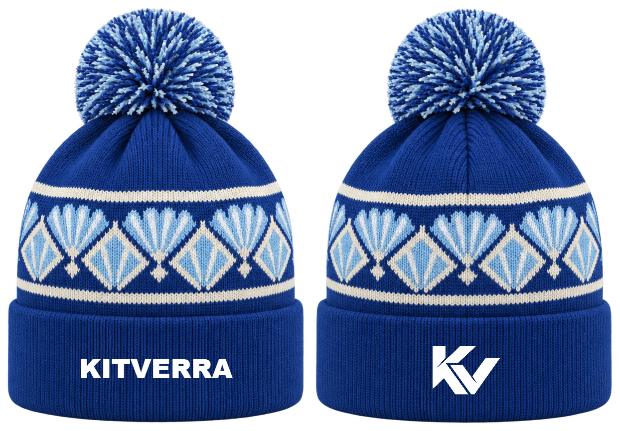Shuttle Diamond — Cuffed pom knit; front and back