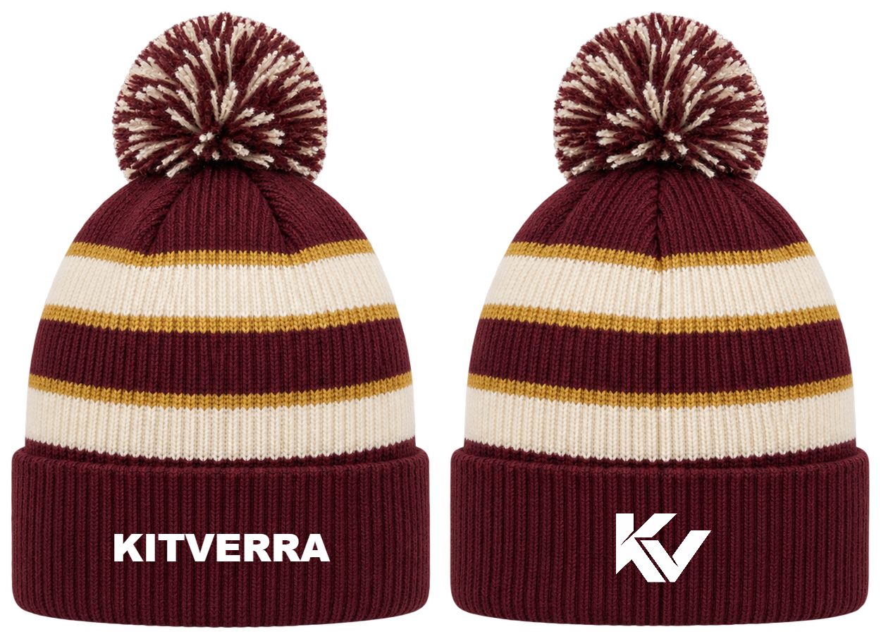 Club Hoops — Cuffed pom knit; front and back