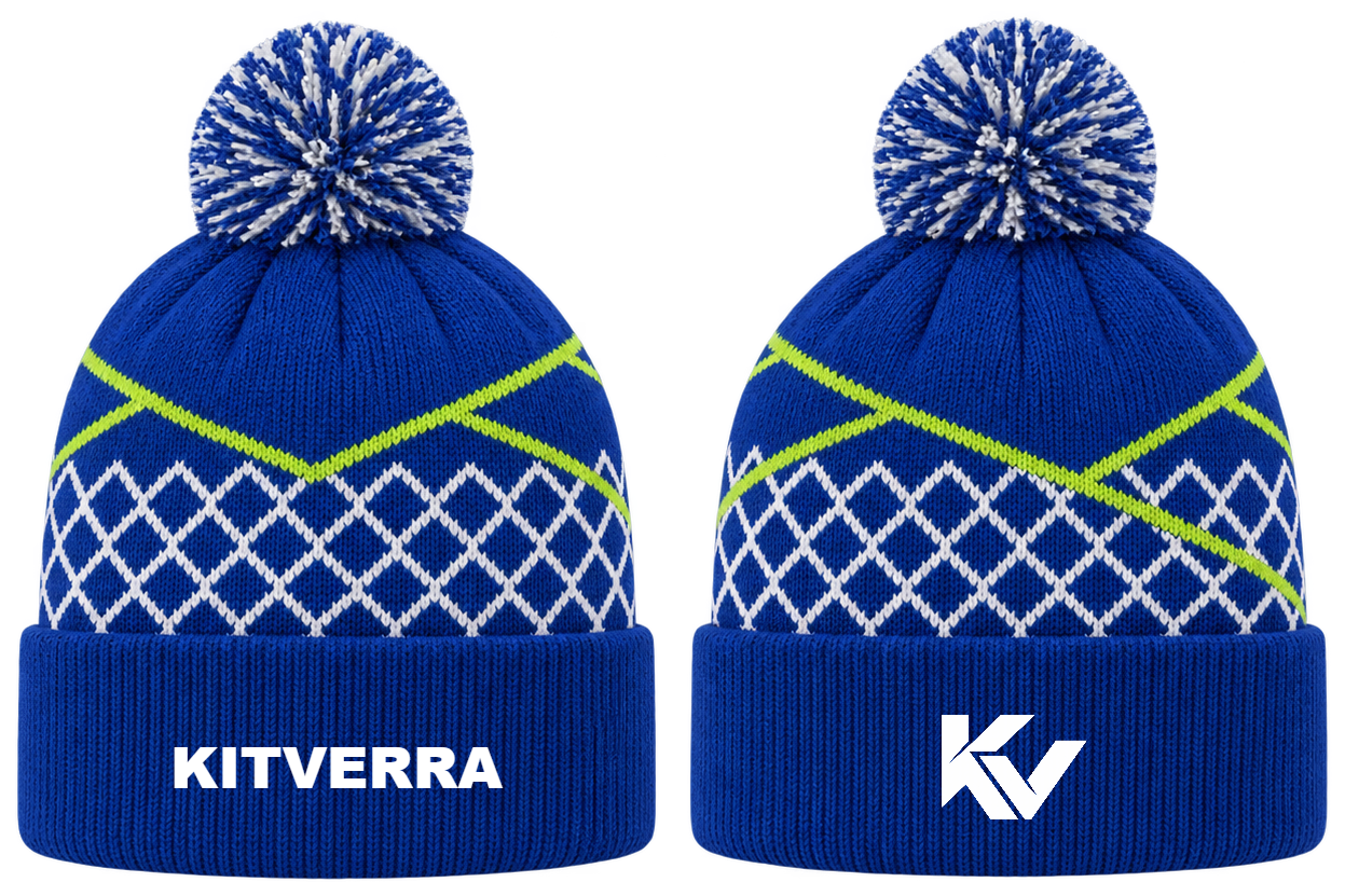 Rally Grid — Cuffed pom knit; front and back