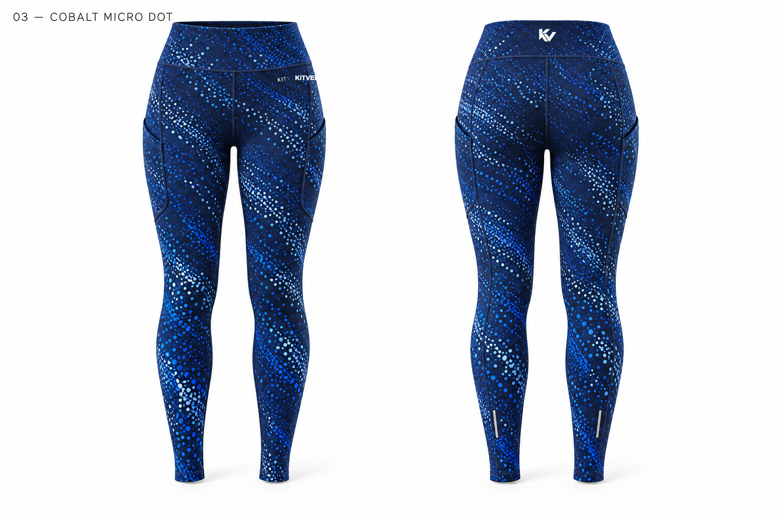 Cobalt Micro Dot sublimation leggings, front and back