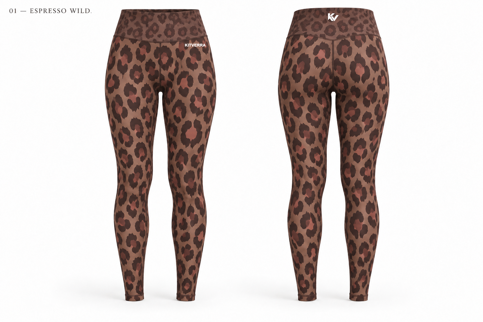 Espresso Wild sublimation leggings, front and back