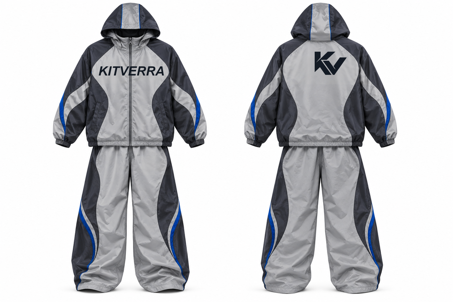 Graphite Wave Baggy complete jacket and trousers set, front and back