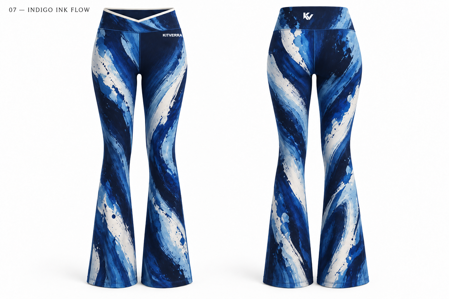 Indigo Ink Flow sublimation leggings, front and back
