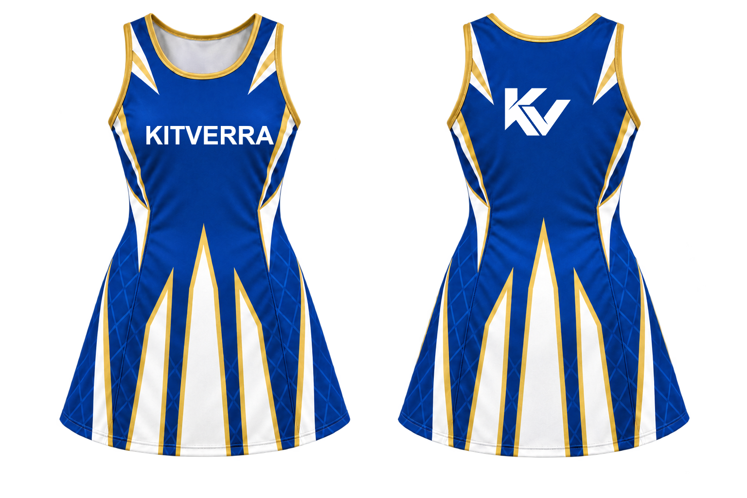 Cobalt Crown netball match dress, front and back