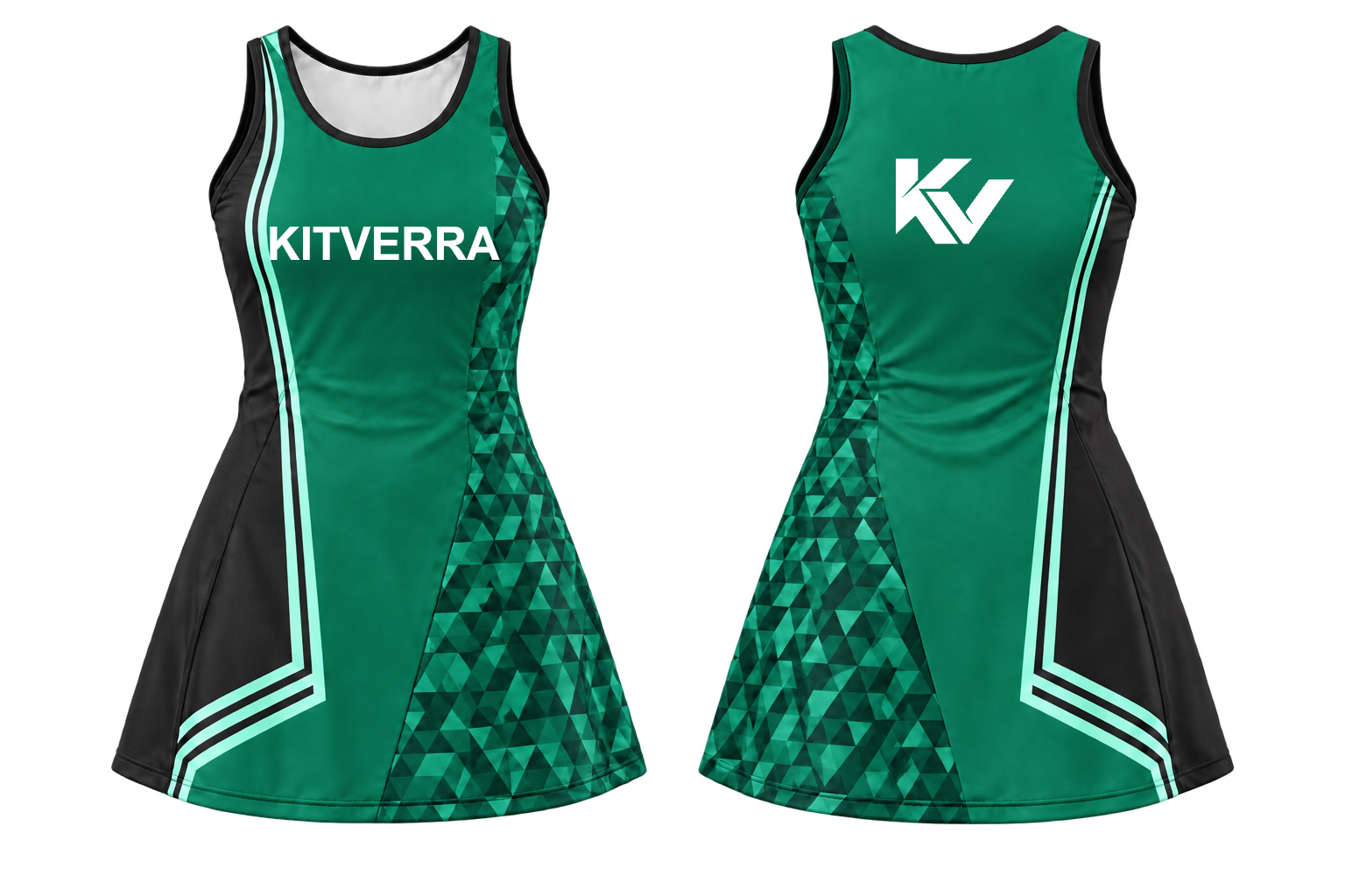 Emerald Edge netball match dress, front and back