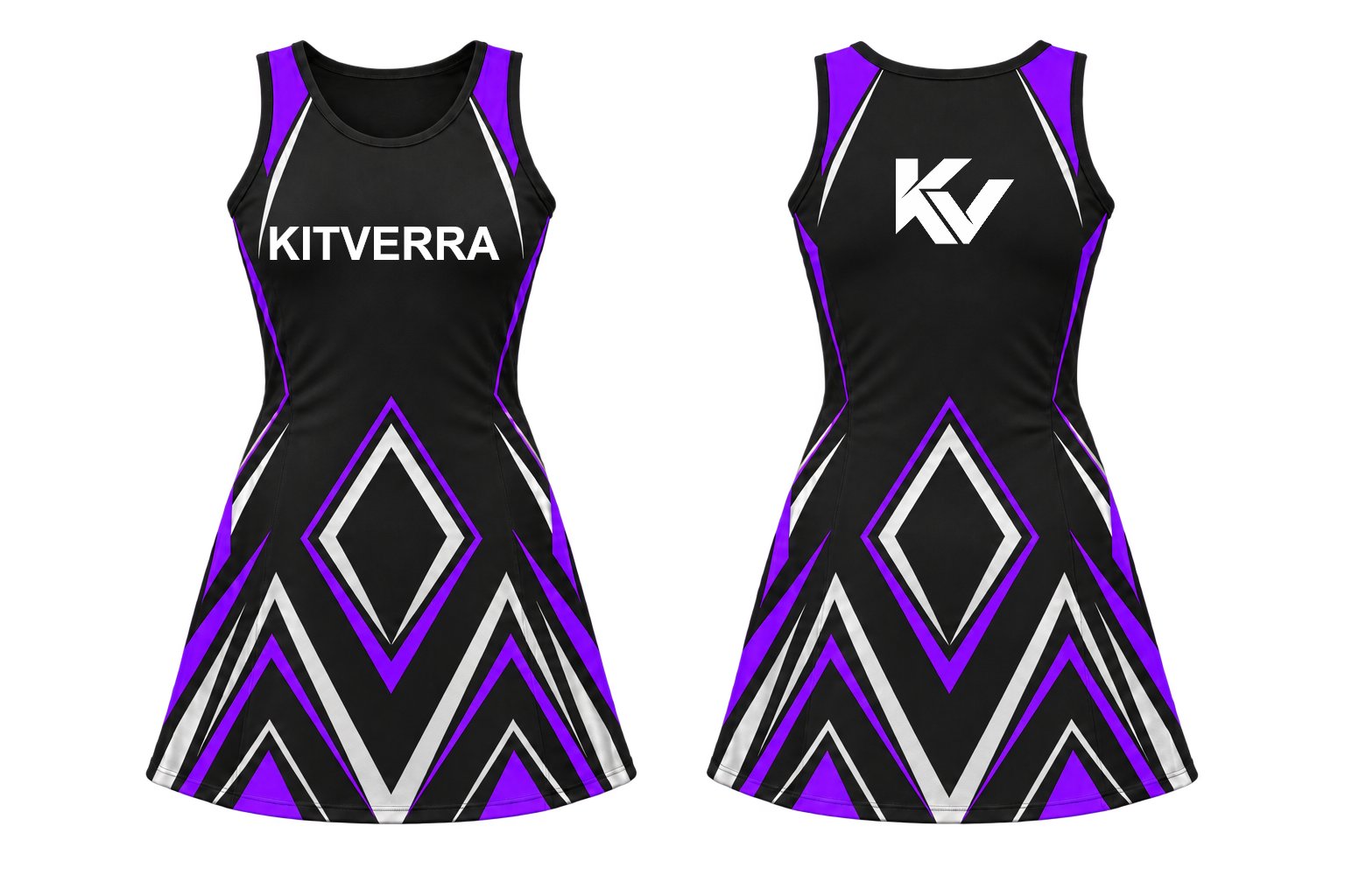 Midnight Diamond netball match dress, front and back