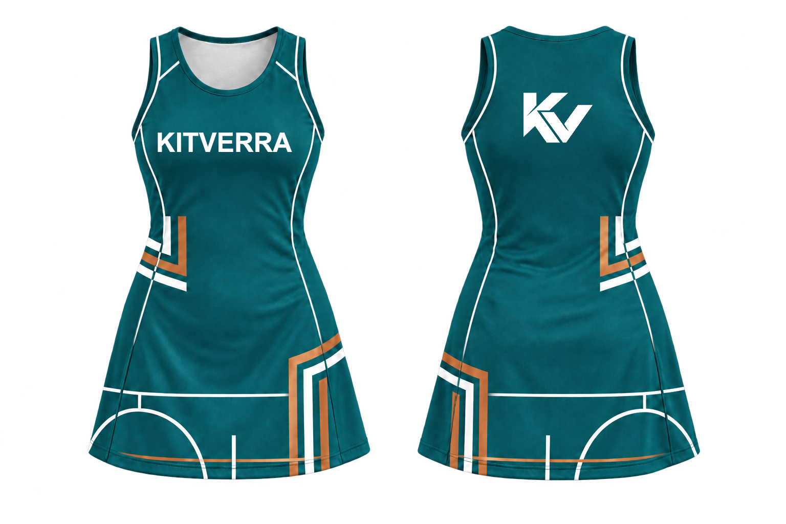 Teal Courtline netball match dress, front and back