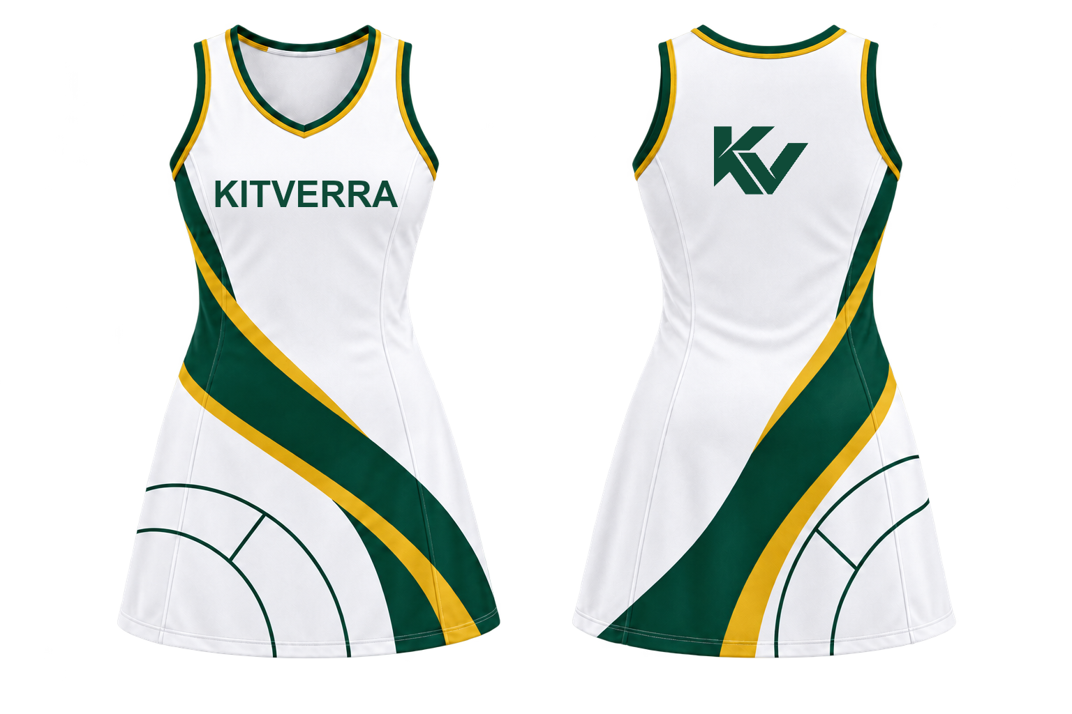 White Court netball match dress, front and back
