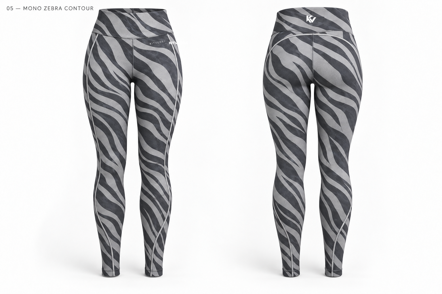 Mono Zebra Contour sublimation leggings, front and back