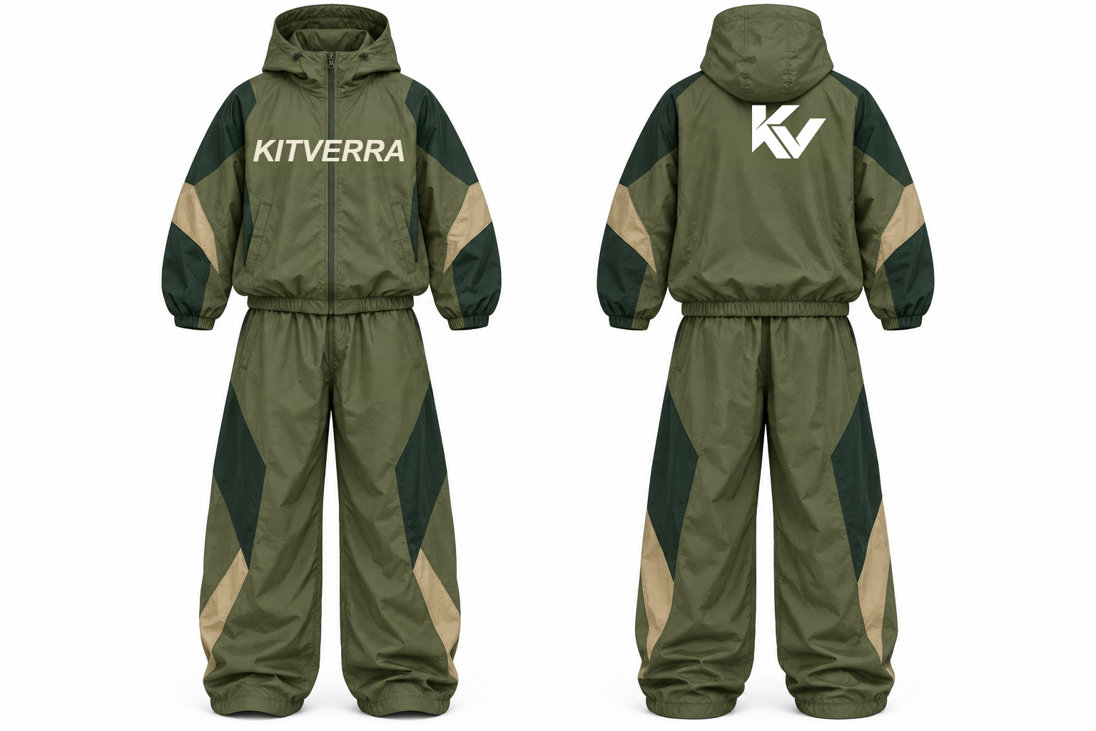 Olive Angular Baggy complete jacket and trousers set, front and back