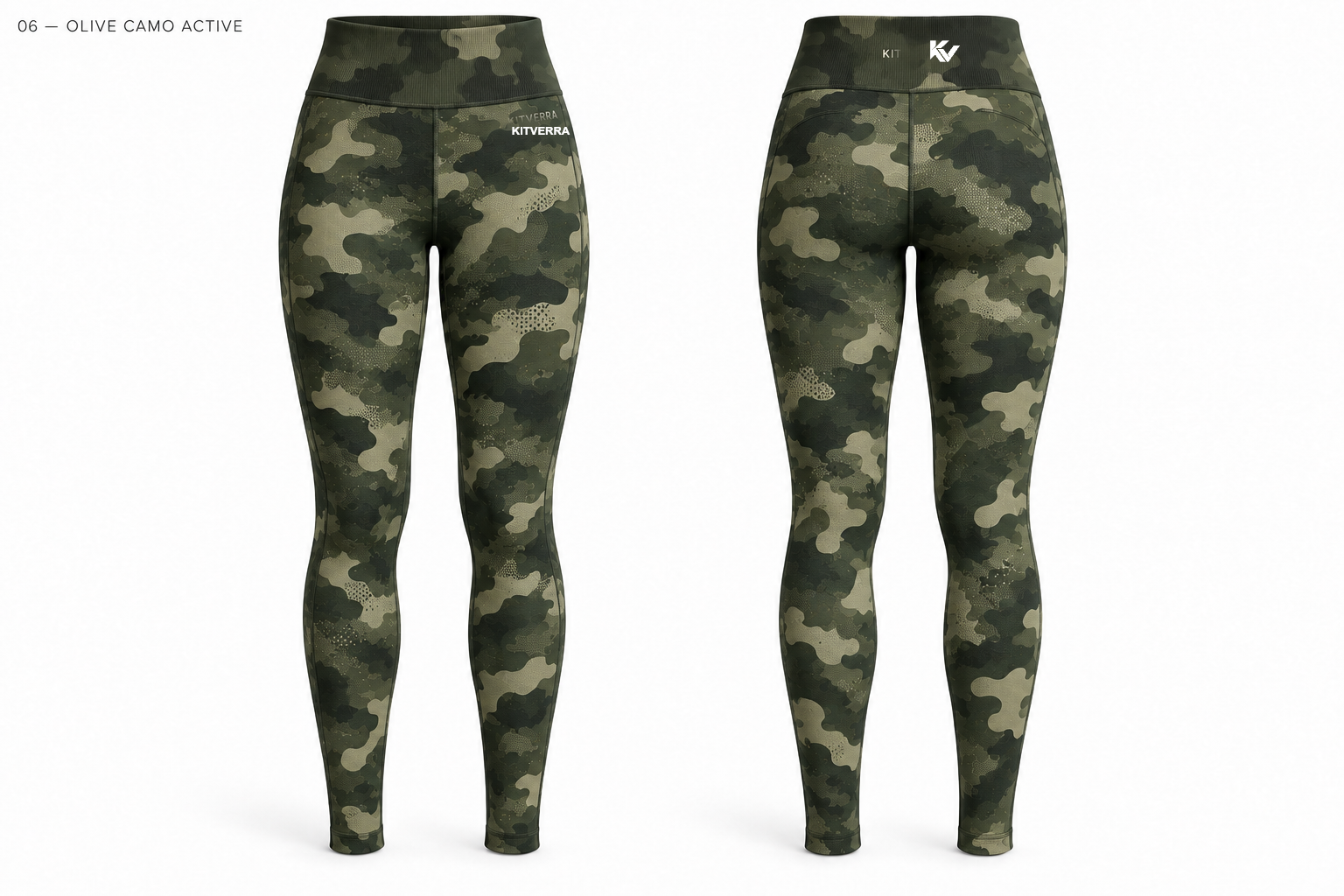 Olive Camo Active sublimation leggings, front and back