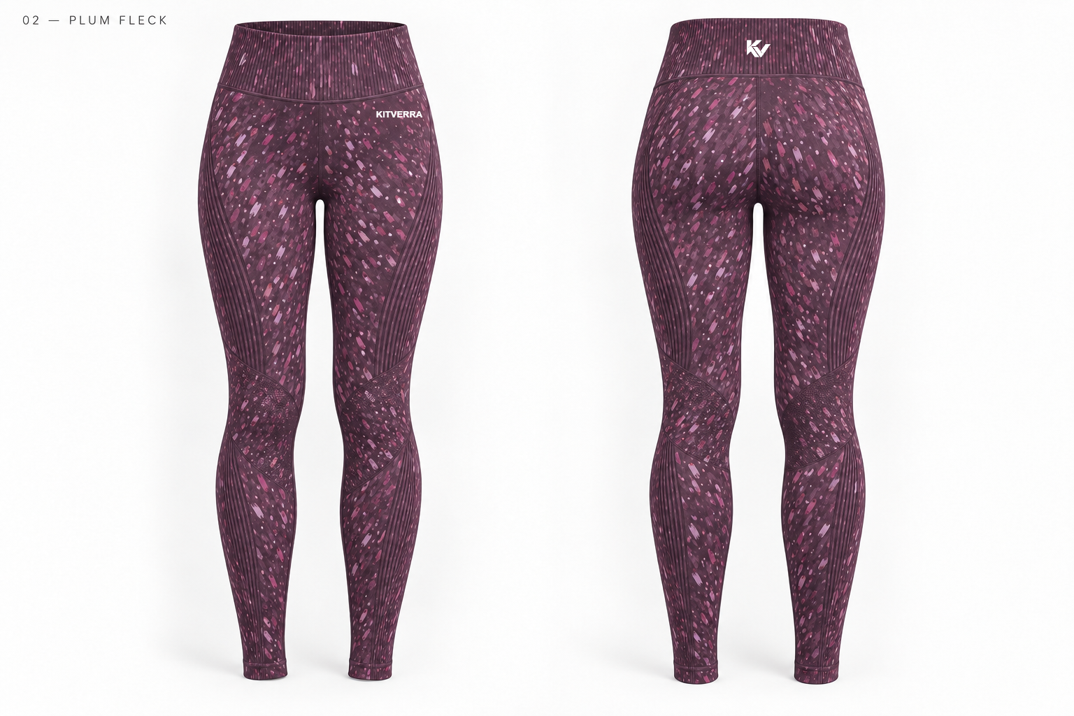 Plum Fleck sublimation leggings, front and back