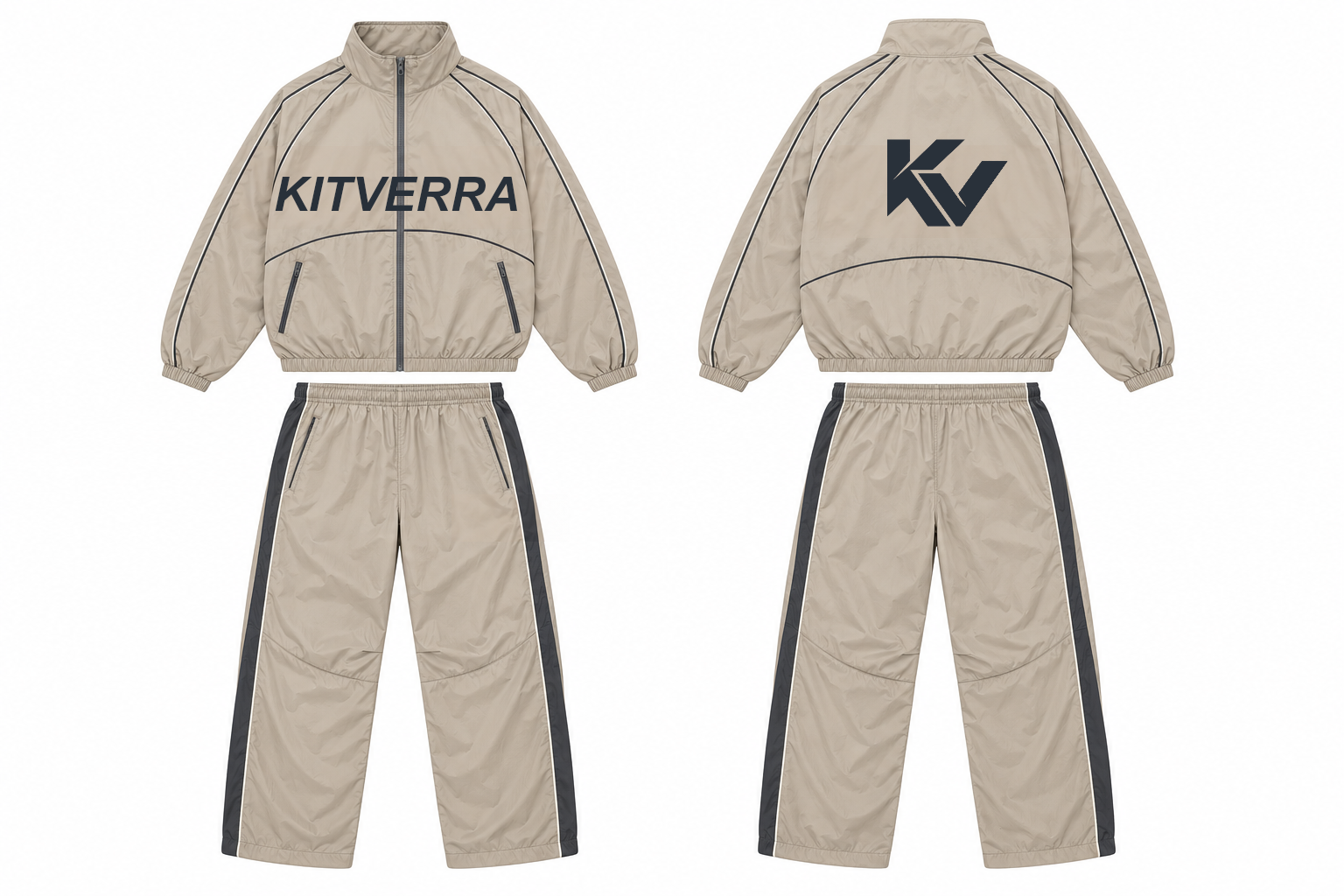 Raglan Piping complete jacket and trousers set, front and back