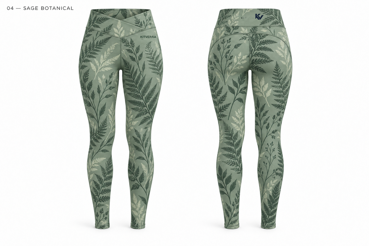 Sage Botanical sublimation leggings, front and back