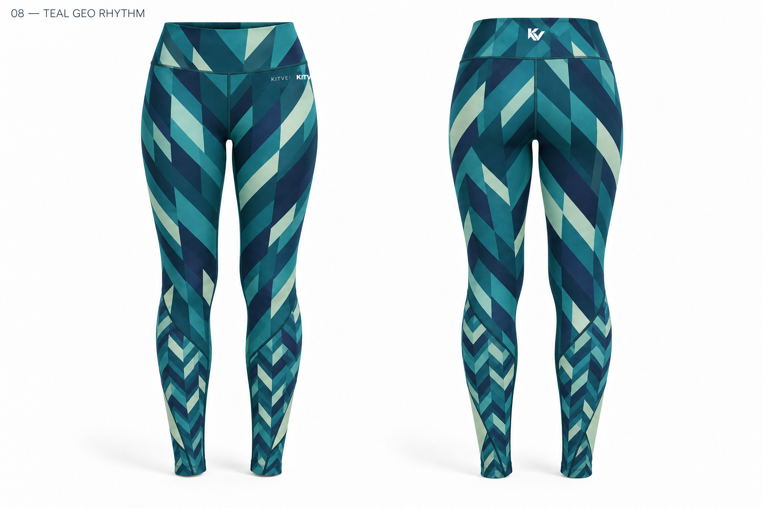 Teal Geo Rhythm sublimation leggings, front and back
