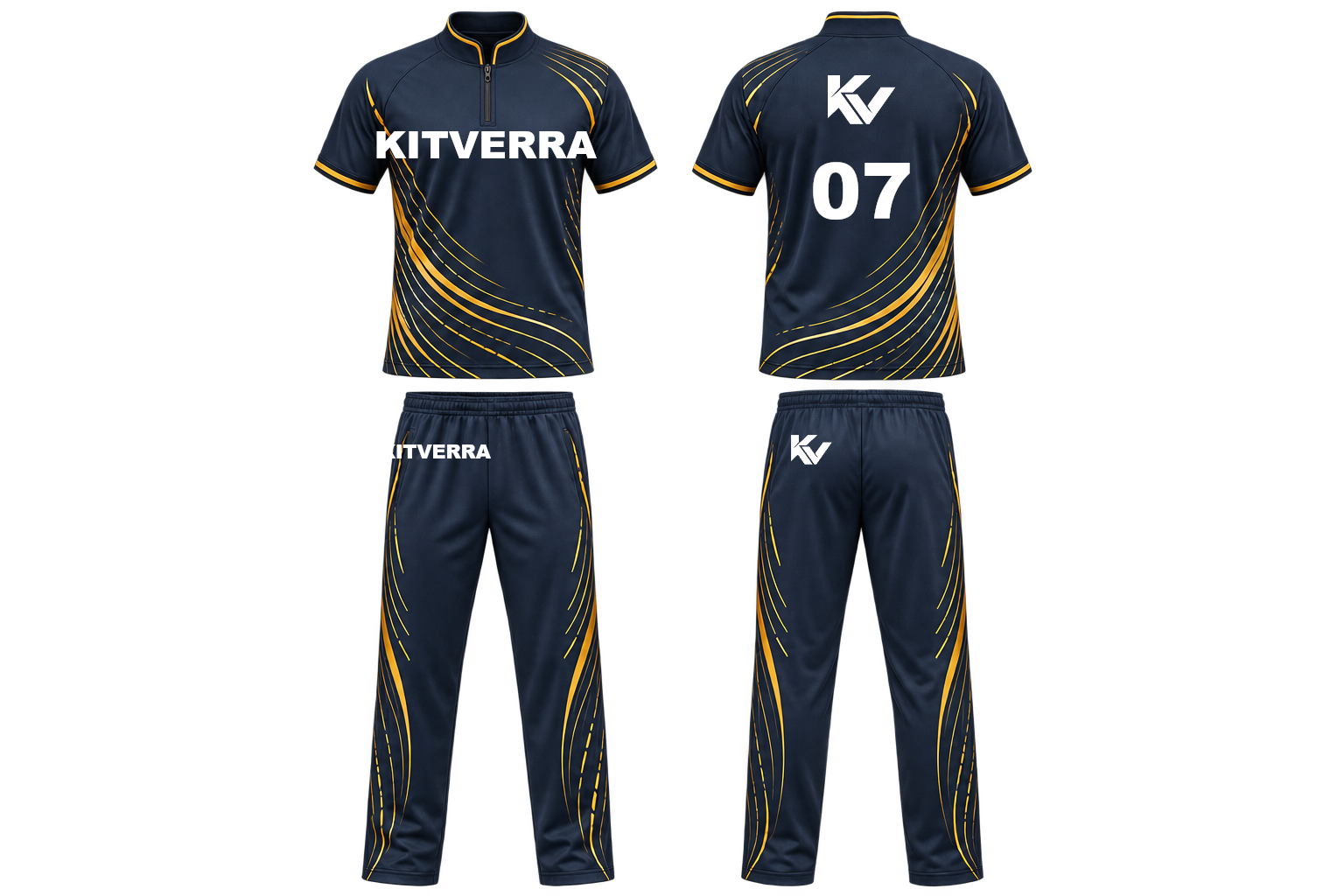 Amber Boundary cricket shirt and full-length trousers, front and back