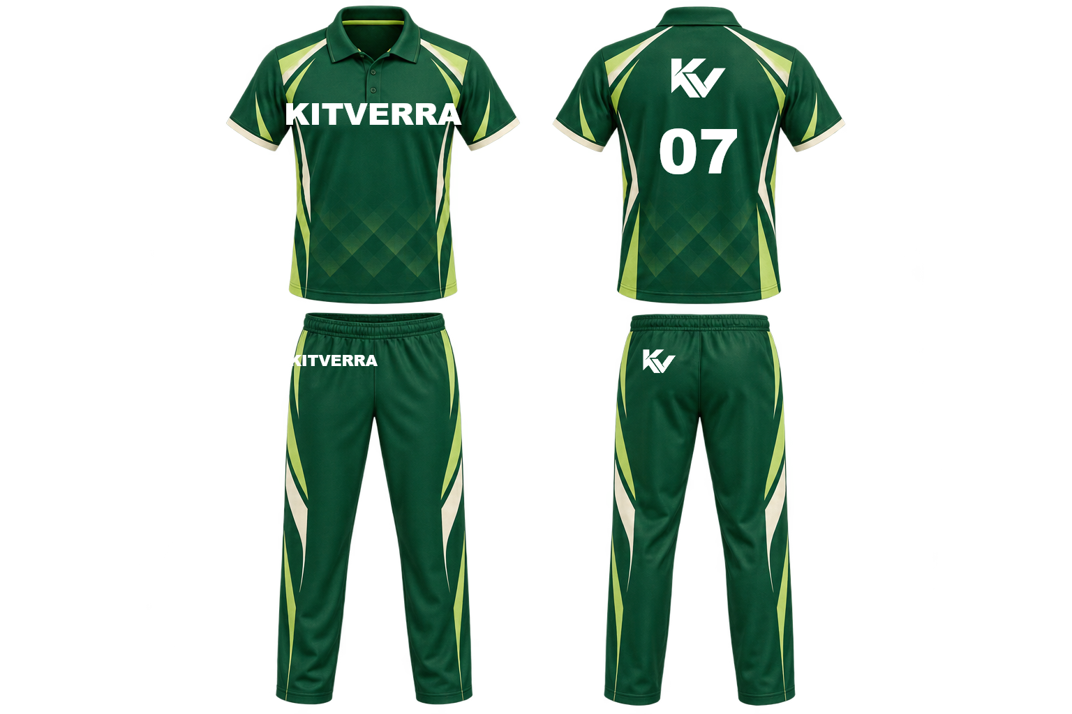 Emerald Vector cricket shirt and full-length trousers, front and back