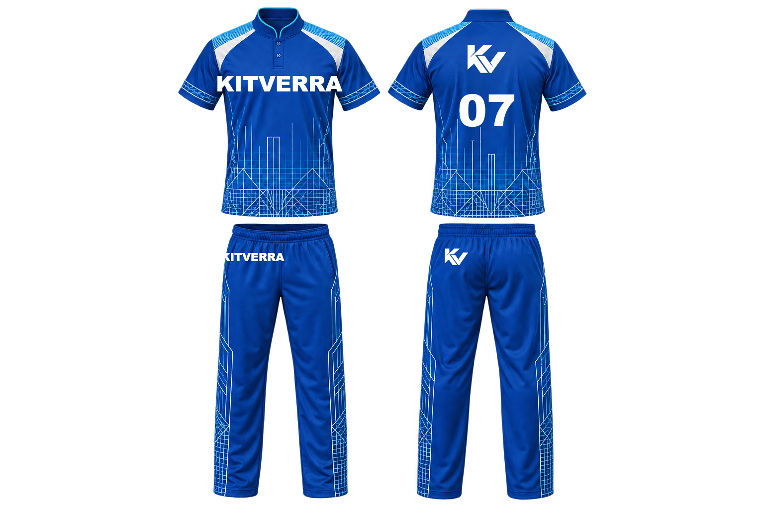 Ocean Grid cricket shirt and full-length trousers, front and back