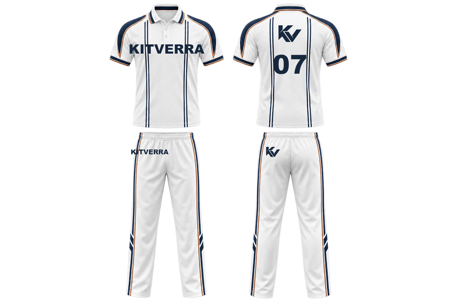 Pavilion White cricket shirt and full-length trousers, front and back