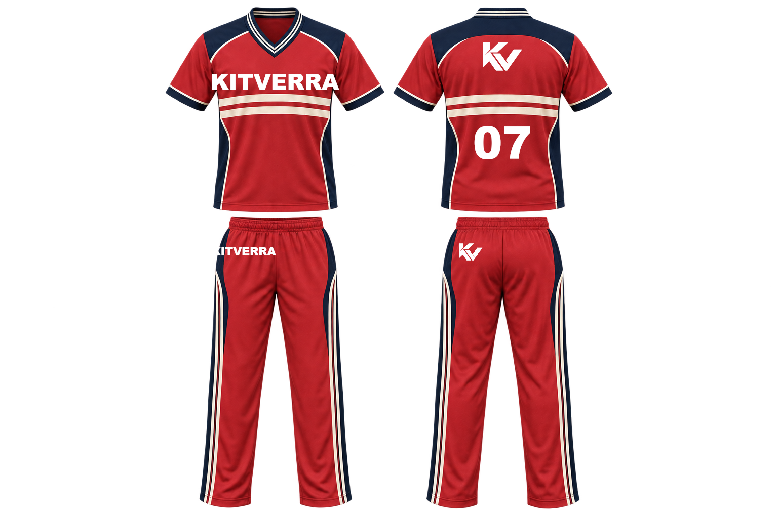 Scarlet Heritage cricket shirt and full-length trousers, front and back