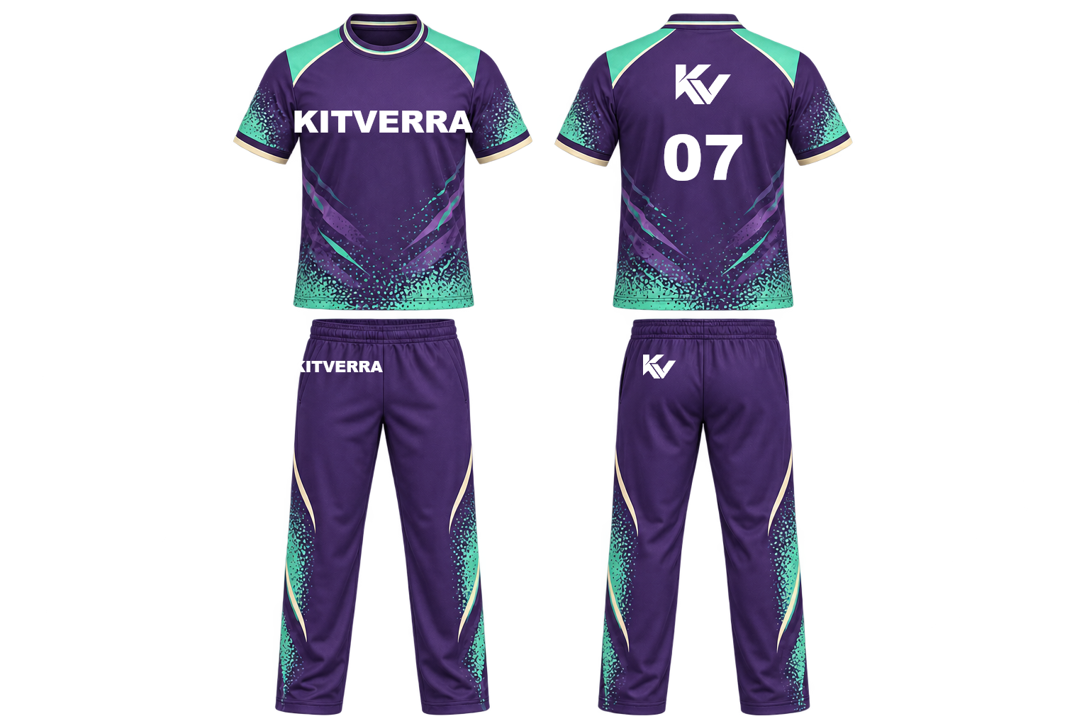 Violet Over cricket shirt and full-length trousers, front and back