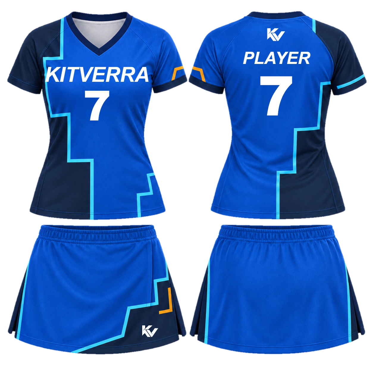 Cobalt Step field-hockey shirt and wrap skort, front and back