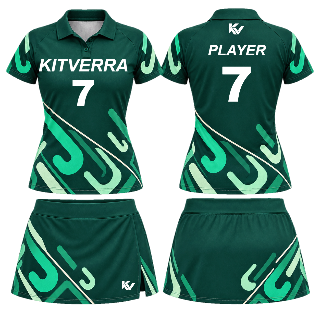 Emerald Blade field-hockey shirt and wrap skort, front and back